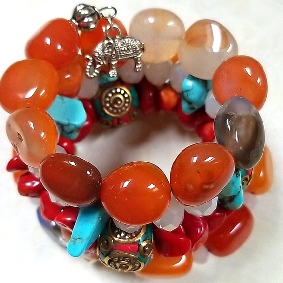 Hand Crafted Boho Beaded Agate, Coral, Turquoise and Amber Wrap Bracelet - Picture 7 of 16